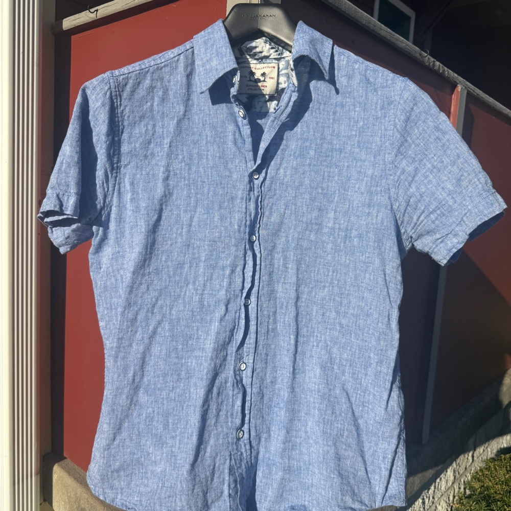 Report Collection Blue Linen Blend Short Sleeve Button Up Shirt Mens M - Picture 2 of 5